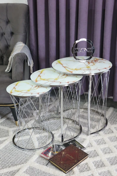 Zigonzi Hasır Model Zigon Sehpa Krom Ayak  Beyaz Sarı Mermer  Cam ürün görseli 1