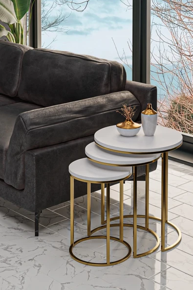 Zigonzi 3'lü GOLD  Ayak Beyaz Tabla Zigon Servis Salon Sehpa ürün görseli 1