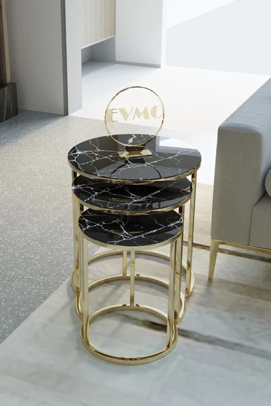 Zigonzi Siyah Mermer Desen Gold Metal, Üçlü Sehpa ürün görseli 1