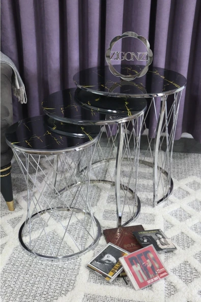 Zigonzi Hasır Model Zigon Sehpa Krom Ayak  Şimşek Desen  Cam ürün görseli 1