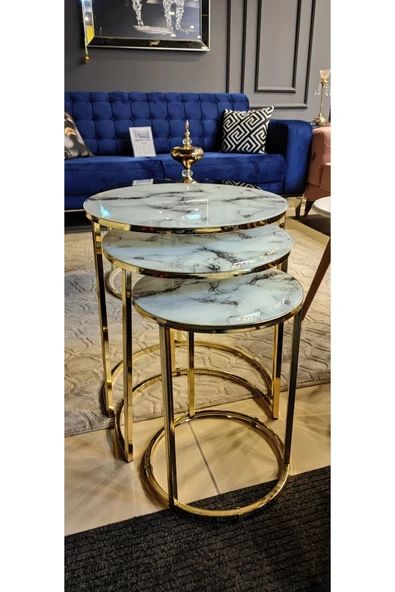 Zigonzi Beyaz Mermer Desenli Kırılmaz Cam 3'lü Gold Metal Zigon Sehpa ürün görseli 1