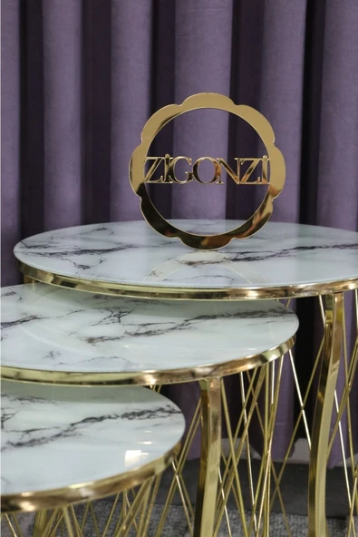 Zigonzi HASIR ZİGON SEHPA GOLD AYAK BEYAZ SİYAH MERMER DESEN CAM ürün görseli 1