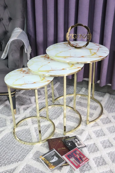 Zigonzi Gold Metal Sarı Mermer Desenli Üçlü Zigon Sehpa ürün görseli 1