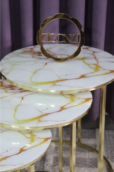 Zigonzi Üçlü Zigon Gold Ayak Beyaz Sarı Temperli Cam - Beyaz Sarı Mermer Desenli Sehpa - ürün görseli 1