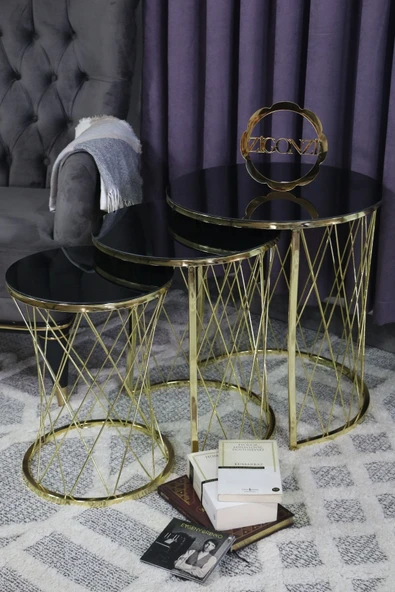 Zigonzi Hasır Model Zigon Sehpa Gold Ayak  Siyah Cam ürün görseli 1