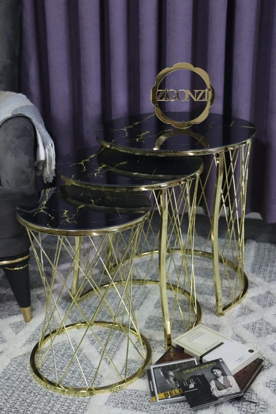Zigonzi Hasır Model Zigon Sehpa Gold Ayak  Şimşek  Desen  Cam ürün görseli 1