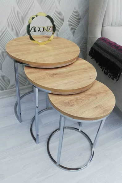 Zigonzi Lısa Zigon 3^lü Sehpa - Antik Çam Tabla - Gümüş Metal Ayak ürün görseli 1