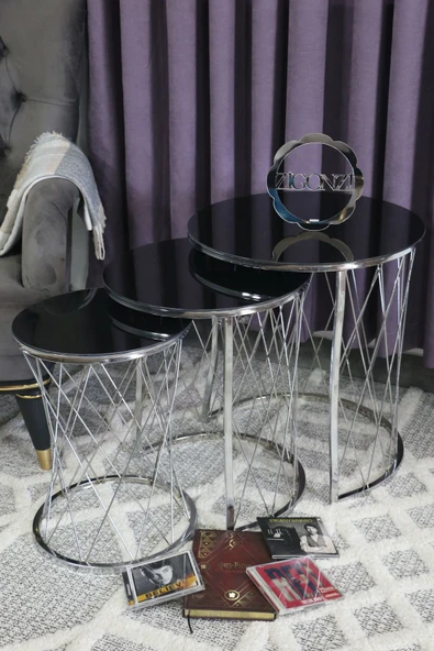 Zigonzi Hasır C Model Gümüş Metal Siyah Cam Zigon Sehpa ürün görseli 1