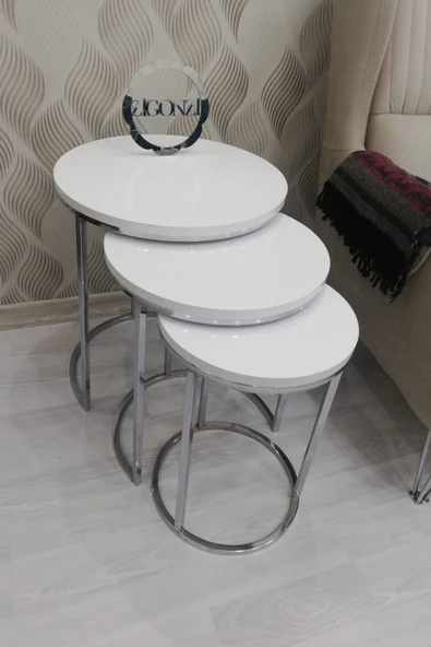 Zigonzi Lısa 3'lü Zigon Sehpa - Beyaz Ahşap Tabla - Gümüş Metal Ayak ürün görseli 1