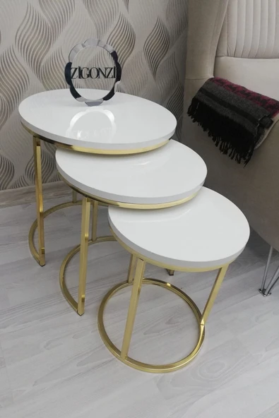 Zigonzi Lısa 3'lü Zigon Sehpa - Beyaz Ahşap Tabla - Gold Metal Ayak ürün görseli 1