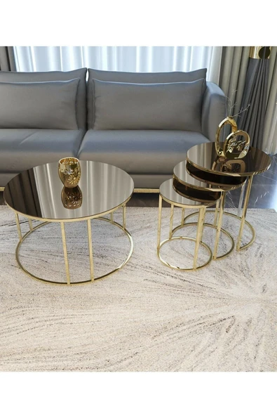 Zigonzi Zigon Ve Orta Sehpa Seti Gold Metal Ayak Bronz Aynalı Takım ürün görseli 1