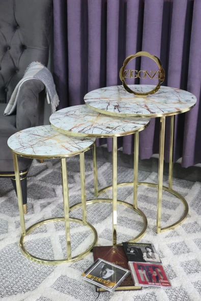Zigonzi Gold Metal Mermer Desen Üçlü Zigon Sehpa ürün görseli 1