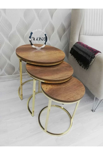 Zigonzi Lısa Zigon 3'lü Sehpa - Antik Koyu Ceviz Tabla - Gold Metal Ayak ürün görseli 1