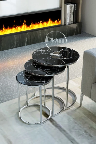 Zigonzi Gümüş Metal Siyah Mermer Desen Üçlü Zigon Sehpa ürün görseli 1
