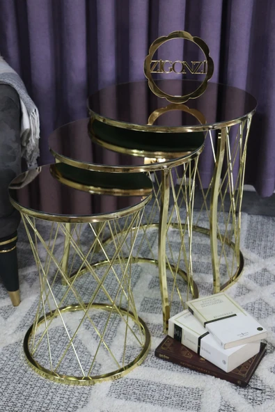 Zigonzi Gold Metal Bronz Aynalı, Hasır C Üçlü Zigon Sehpa ürün görseli 1