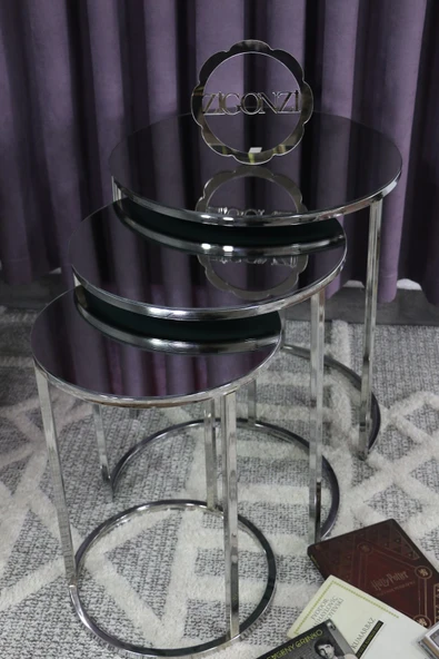 Zigonzi Gümüş Metal, Füme Aynalı Üçlü Zigon Sehpa ürün görseli 1