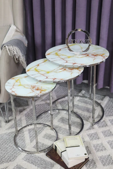 Zigonzi Gümüş Metal Sarı Mermer Desen, Üçlü Zigon Sehpa ürün görseli 1