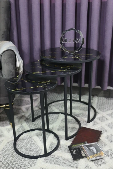 Zigonzi Üçlü Zigon Temperli Cam Siyah Sarı Mermer Desenli Metal Sehpa - ürün görseli 1