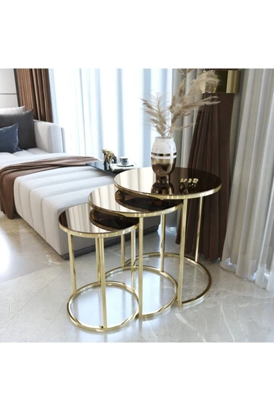 Zigonzi Desing Gold Metal Kırılmaz Bronz Ayna 3'lü Zigon Sehpa ürün görseli 1