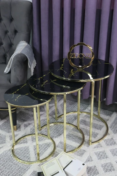 Zigonzi Gold Metal Sarı Şimşek Desen Üçlü Zigon Sehpa ürün görseli 1