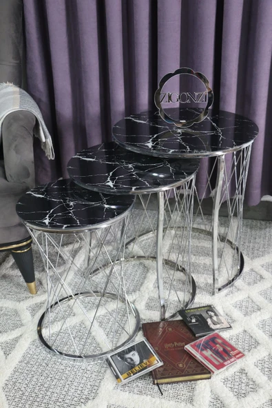 Zigonzi Gümüş Metal Hasır C Zigon Sehpa Mermer Desen ürün görseli 1