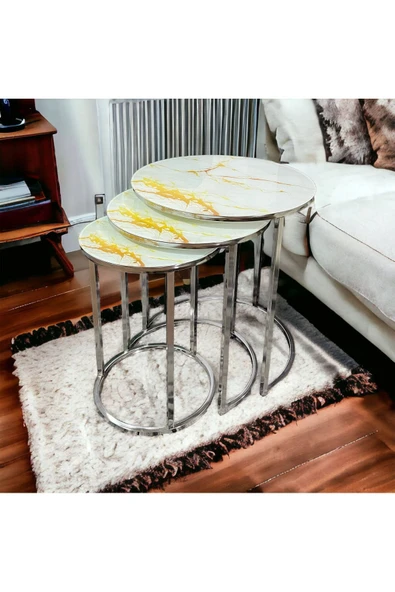 Zigonzi Gümüş Metal, Sarı Mermer Desenli, 3'lü Zigon Sehpa ürün görseli 1