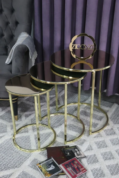 Zigonzi Gold Metal Bronz Aynalı, C Zigon Sehpa Üçlü ürün görseli 1