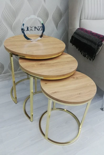 Zigonzi Lısa Zigon 3^lü Sehpa - Antik Çam Tabla - Gold Metal Ayak ürün görseli 1