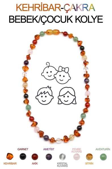 Kehribar-Çakra Doğal Taş Bebek/Çocuk Kolyesi-35 cm ürün görseli 1