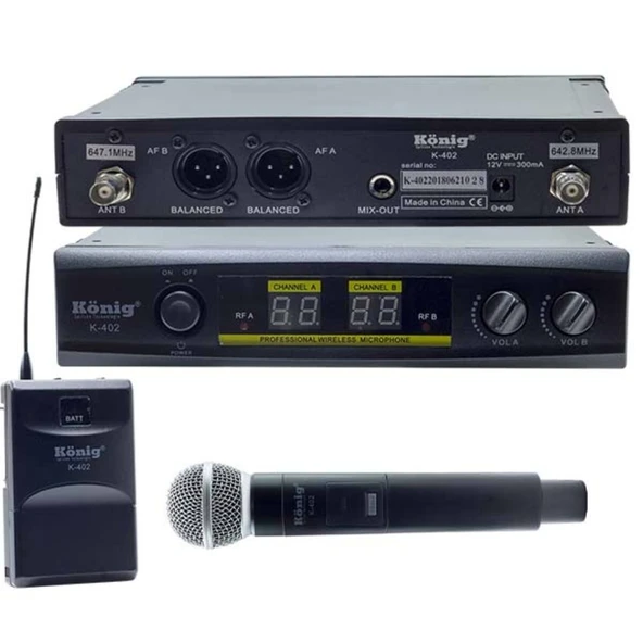 Astra Market UHF/SABİT- ÇİFT KANAL 1 EL + 1 YAKA TELSİZ MİKROFON K-402 (2818) ürün görseli 1
