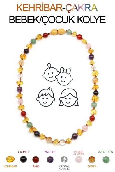Kehribar-Çakra Doğal Taş Bebek/Çocuk Kolyesi-35 cm ürün görseli 1