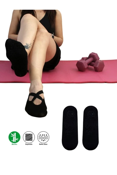 2 Çift Siyah Kaymaz Taban Silikon Baskılı Yoga Fitness Pilates Ve Aktivite Kadın Çorabı ürün görseli 1