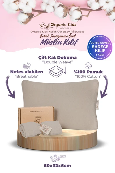 Çift Katlı Müslin Bebek Yastık Kılıfı, %100 Organik Pamuk, 50x32x6 cm ürün görseli 1