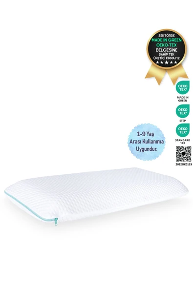 Viscotex Visco Hava Kanallı Çocuk Yastığı (KİDS PİLLOW) 66x33x6 Cm, Turkuaz-beyaz ürün görseli 1