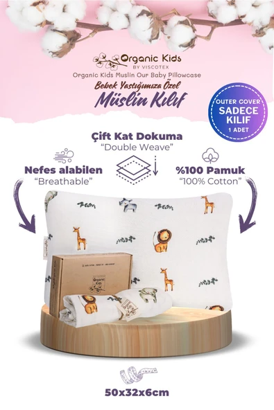 Çift Katlı Müslin Bebek Yastık Kılıfı, %100 Organik Pamuk, Aslan Desenli, 50x32x6 cm ürün görseli 1