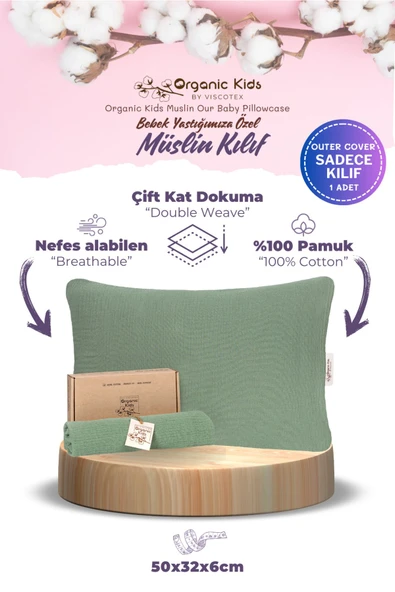 Çift Katlı Müslin Bebek Yastık Kılıfı, %100 Organik Pamuk, 50x32x6 cm ürün görseli 1