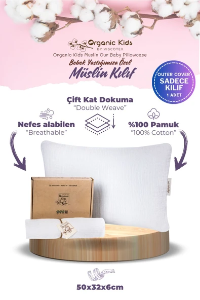 Çift Katlı Müslin Bebek Yastık Kılıfı, %100 Organik Pamuk, 50x32x6 cm ürün görseli 1
