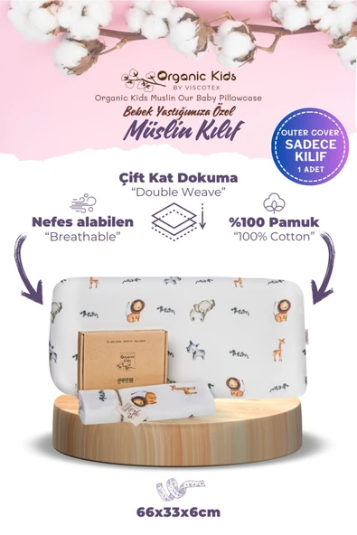 Çift Katlı Müslin Çocuk Yastık Kılıfı, %100 Organik Pamuk, 66x36x6 cm ürün görseli 1