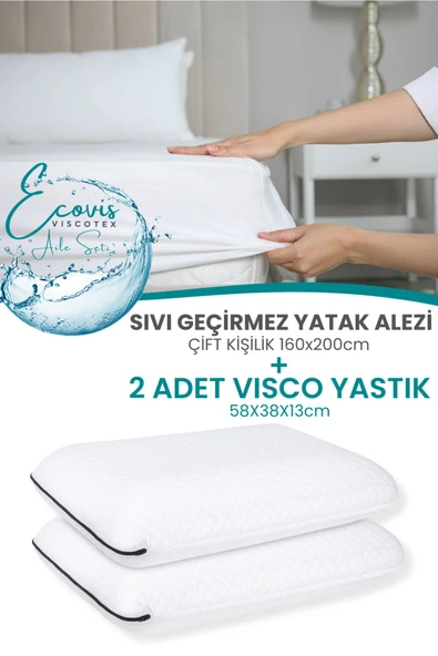 Ecovis Aile Seti, 2'li Visco Yastık Ve Çift Kişilik Sıvı Geçirmez Fitted Yatak Alezi 160x200cm ürün görseli 1