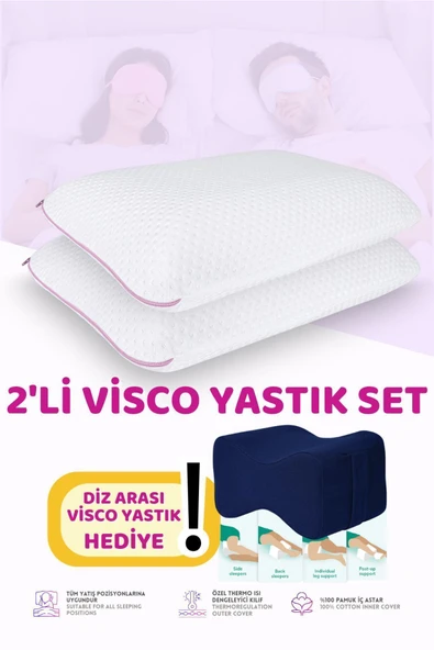 2'li Set Visco Hava Kanallı Ortopedik Yastık, 60x40x14cm, Beyaz-Pembe ürün görseli 1