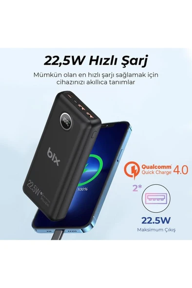 Bix Pb201 Üç Portlu 20000mah 22.5w Hızlı Şarj 4.0 Pd Giriş/çıkışlı Led Göstergeli Powerbank Siyah ürün görseli 1