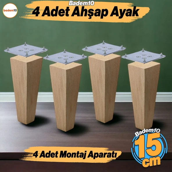 Ahşap Ayak 4 Adet 15 cm Kare Bağlantı Aparatı Dahil Mobilya Koltuk Kanepe Sehpa Masa Ayağı Ayakları ürün görseli 1