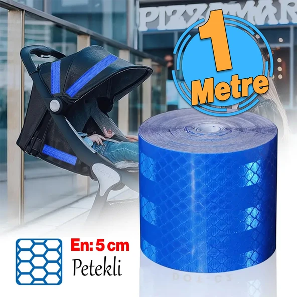 Yapışkanlı Parlayan Reflektörlü En 5 cm Onaysız Reflektif İkaz Bandı 1 Metre Mavi Renk Şerit Bant ürün görseli 1