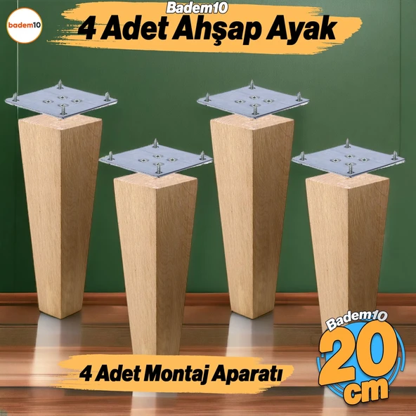 Ahşap Ayak 4 Adet 20 cm Kare Bağlantı Aparatı Dahil Mobilya Koltuk Kanepe Sehpa Masa Ayağı Ayakları ürün görseli 1