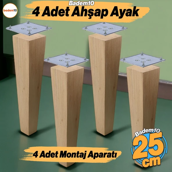 Ahşap Ayak 4 Adet 25 cm Kare Bağlantı Aparatı Dahil Mobilya Koltuk Kanepe Sehpa Masa Ayağı Ayakları ürün görseli 1