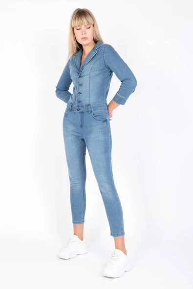 Kadın Mavi Jean Tulum Pantolon - Resim 4