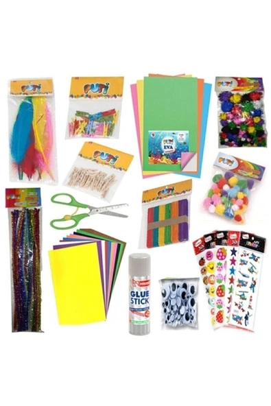 Anaokulu Etkinlik Seti-renkli Tüy,mandal,eva,ponpon,makas,renkli Çubuk,sticker,stick Yapıştırıcı,göz ürün görseli 1