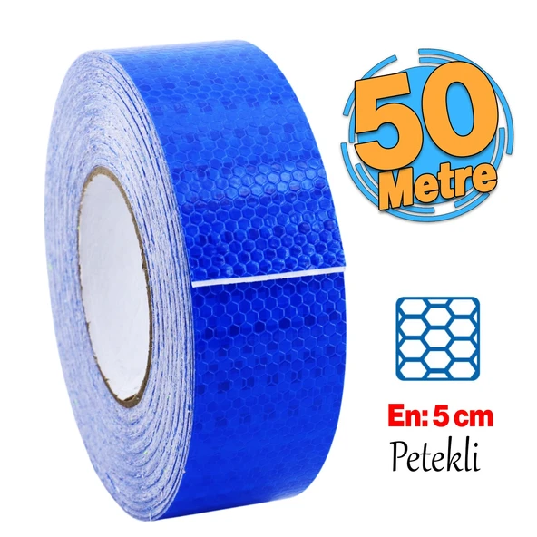 Yapışkanlı 50 Metre Mavi Renk Şerit Bant Parlayan Reflektörlü En 5 cm Onaysız Reflektif İkaz Bandı ürün görseli 1
