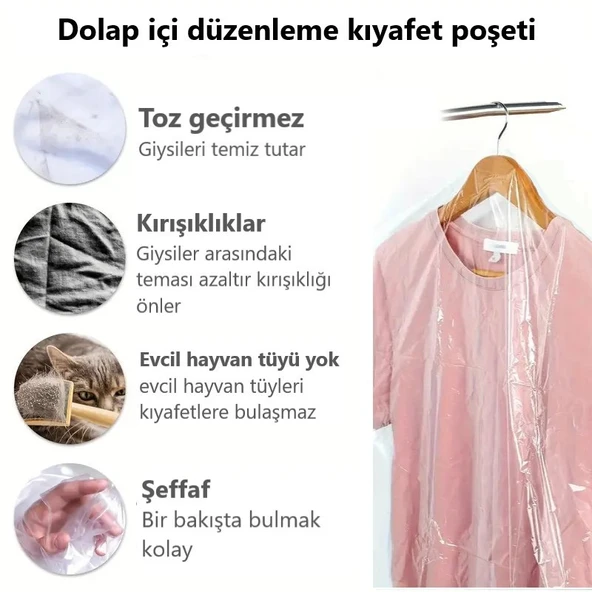 Gardırop İçi Askılık yuvalı 60x90cm Kuru temizleme - Dolap içi ŞEFFAF saklama NaYLoNu (10adet) ürün görseli 1