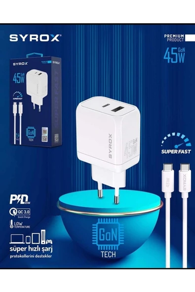 Syrox Gan 45w Pdvhızlı Turbo Şarj Type-c Ve Usb A Çift Girişli Şarj Adaptörü/ Type-c Kablo Set ürün görseli 1